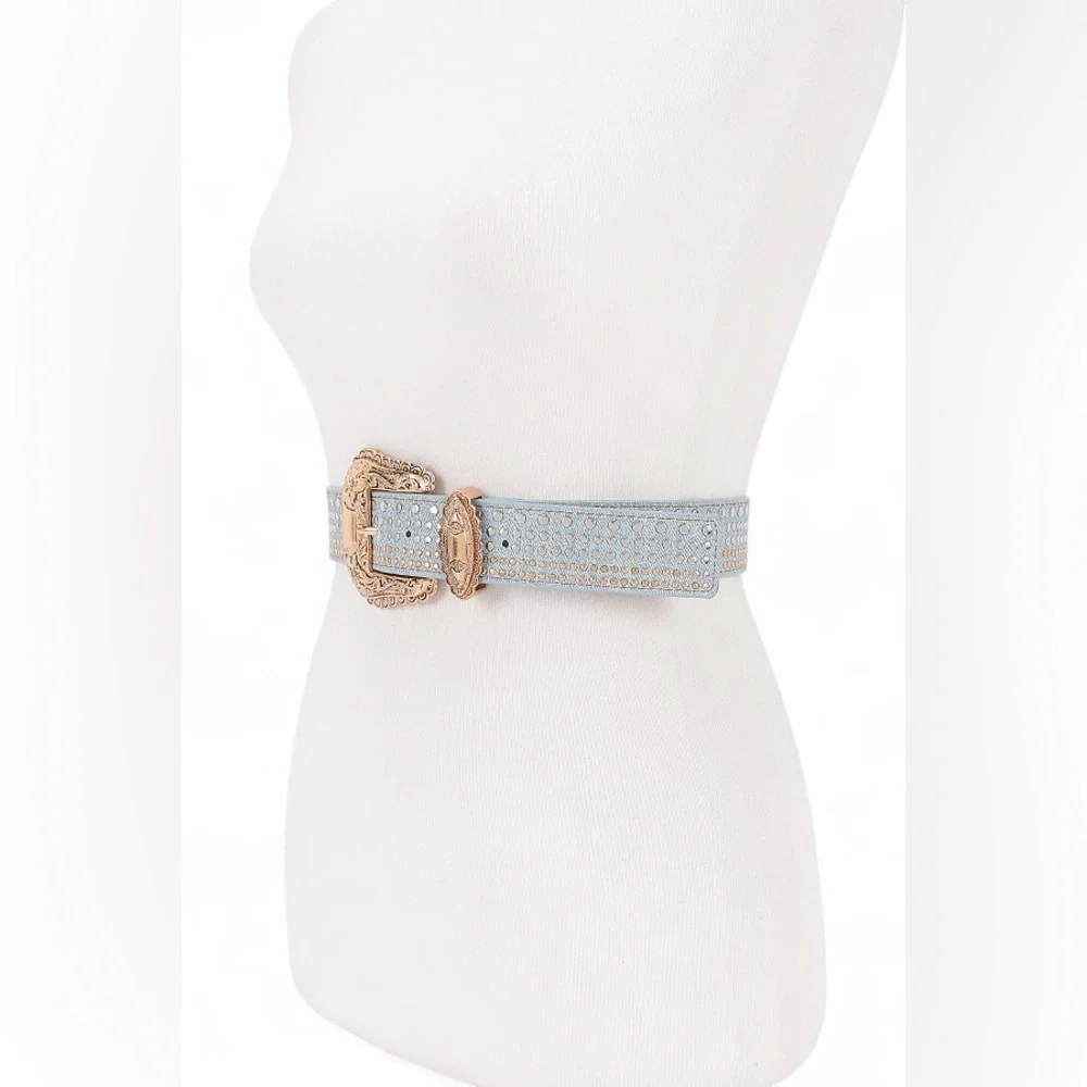 Blue Rhinestone Western Statement Belt with Gold or Silver Buckle